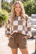 Checkerboard Plaid Long Sleeve & Solid Color Shorts 2pcs Set