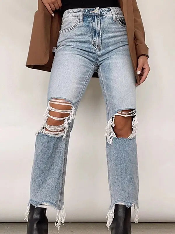 Distressed High-Waisted Straight Leg Jean