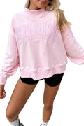 Pink Stay Salty Embroidered Long Sleeve Stand Neck Shift Pullover Sweatshirt