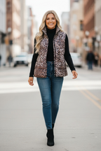 Brown Leopard Quilted Puff Vest