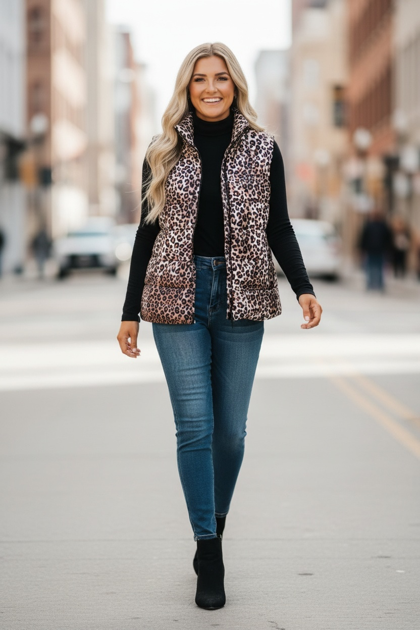 Brown Leopard Quilted Puff Vest