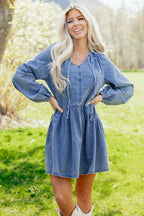 Myosotis Puff Sleeve V-Neck Ruffled Loose Denim Mini Dress