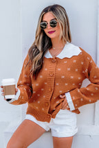 Russet Orange Peter Pan Collar Colorblock Long Sleeve Knitwear Cardigan