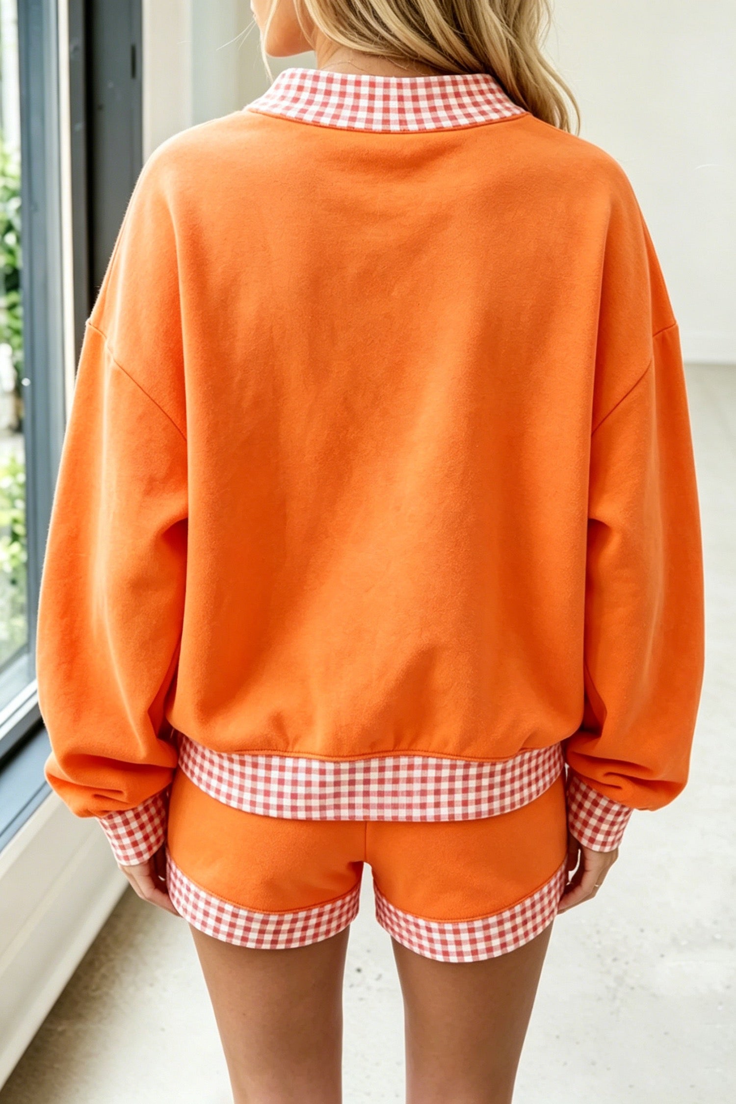 Polka Dot/Gingham Trim Baggy Pullover 2-Piece Short Setting