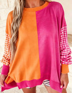 Rose Red Colorblock Gingham Sleeve Crewneck Sweatshirt