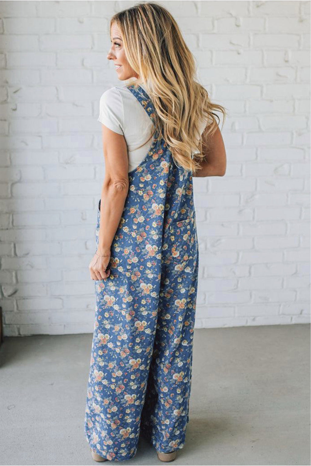 Blue Vintage Rose Printed Loose Denim Overall Jumpsuit