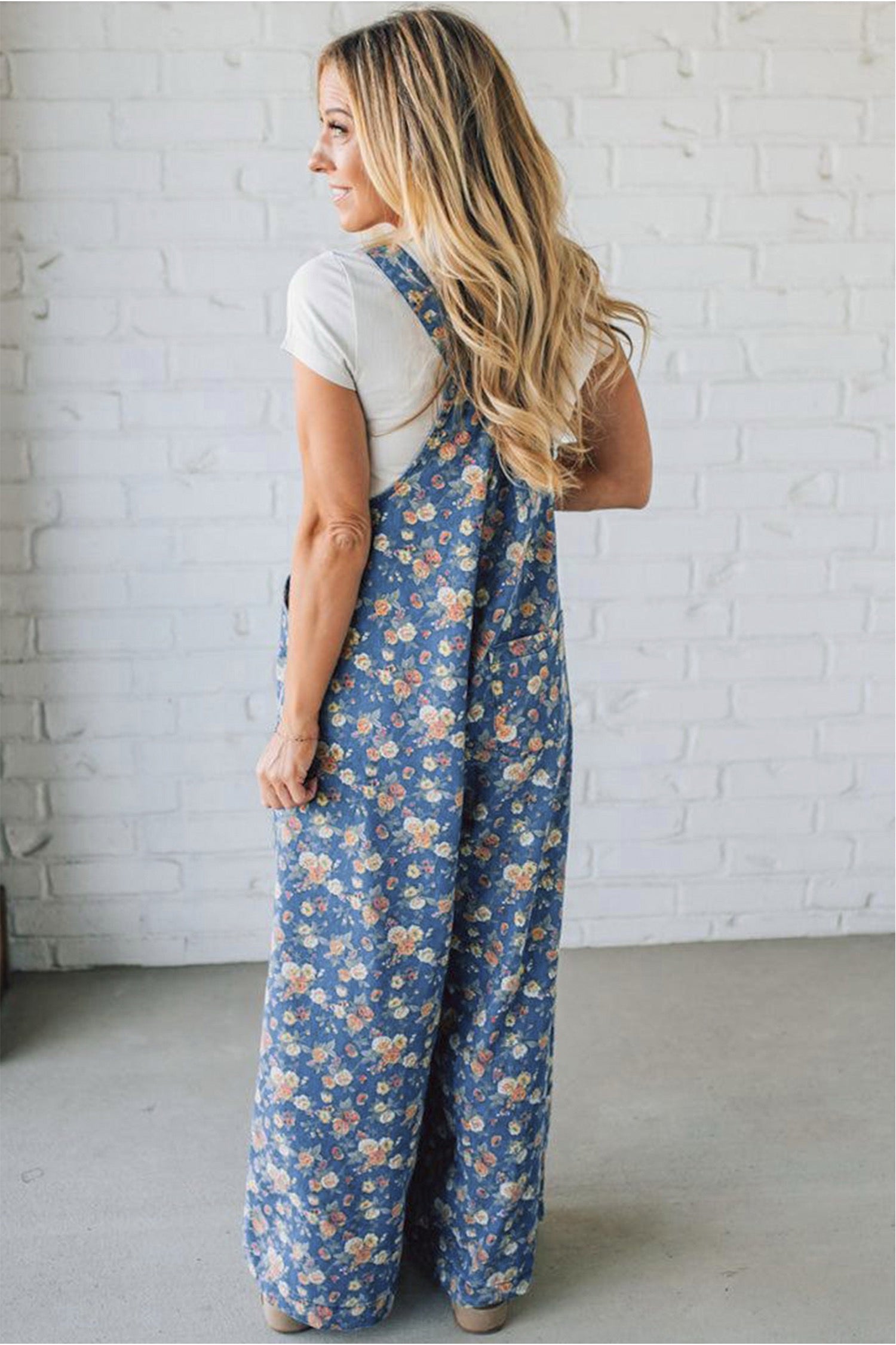 Blue Vintage Rose Printed Loose Denim Overall Jumpsuit