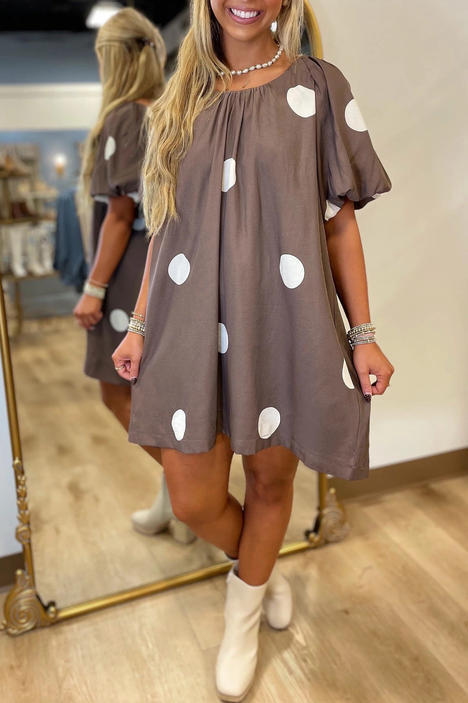 Dotty for You — Knot-Back Puff Sleeve Mini Dress