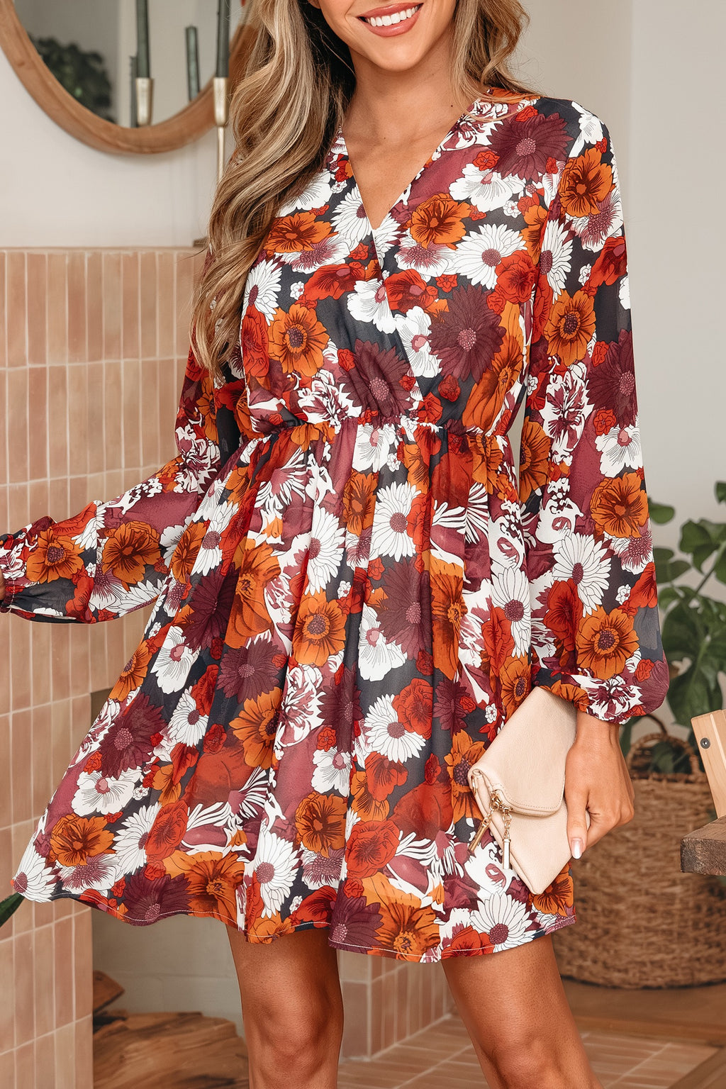Red Floral Print Wrap V Neck Puff Sleeve Flowy Mini Dress Za
