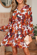 Red Floral Print Wrap V Neck Puff Sleeve Flowy Mini Dress Za