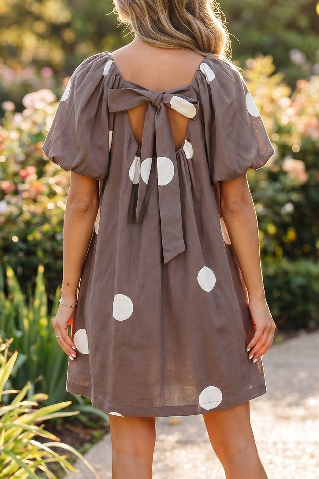 Dotty for You — Knot-Back Puff Sleeve Mini Dress