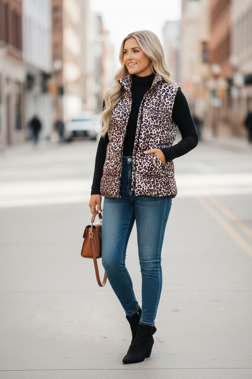 Brown Leopard Quilted Puff Vest