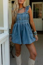 Dusk Blue Frayed Wide Straps Pleated High Waist Cotton Denim Romper