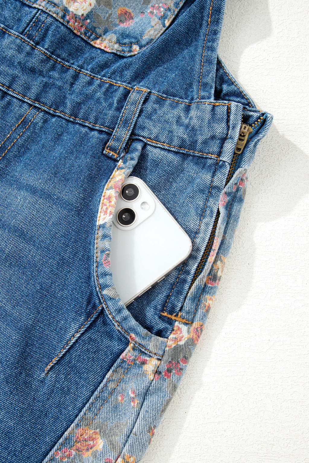 Peacock Blue Floral Patchwork Bib Denim Wide-Leg Overalls