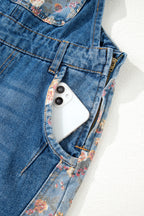 Peacock Blue Floral Patchwork Bib Denim Wide-Leg Overalls
