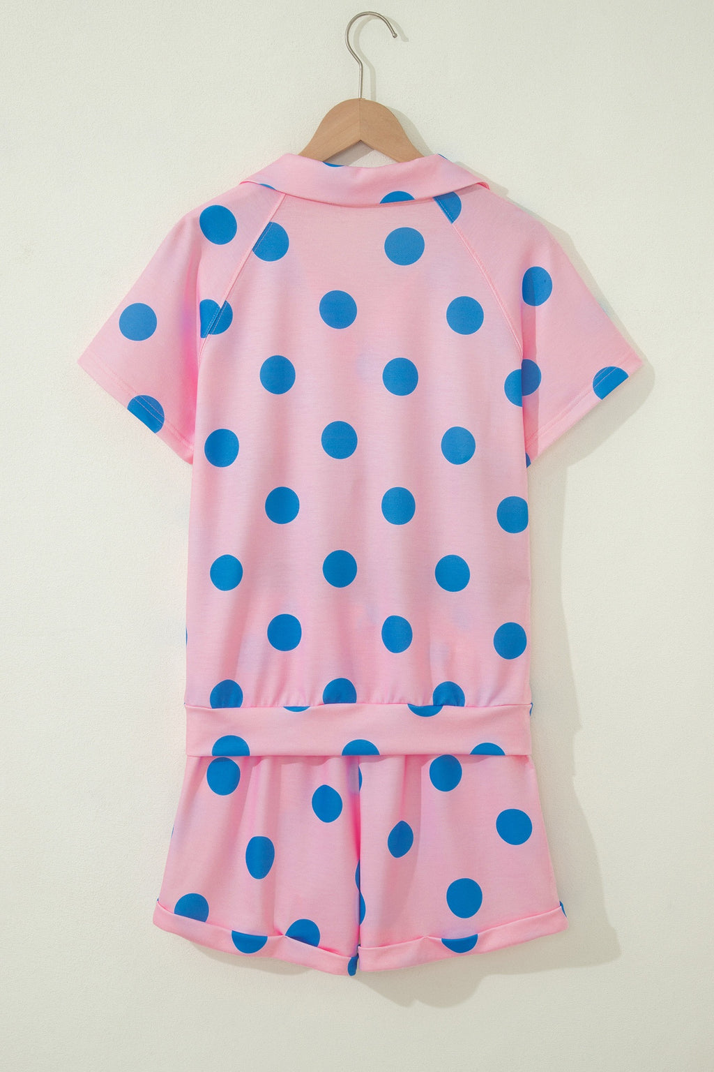 Pink Polka Dot Print V Neck Tee Short Set