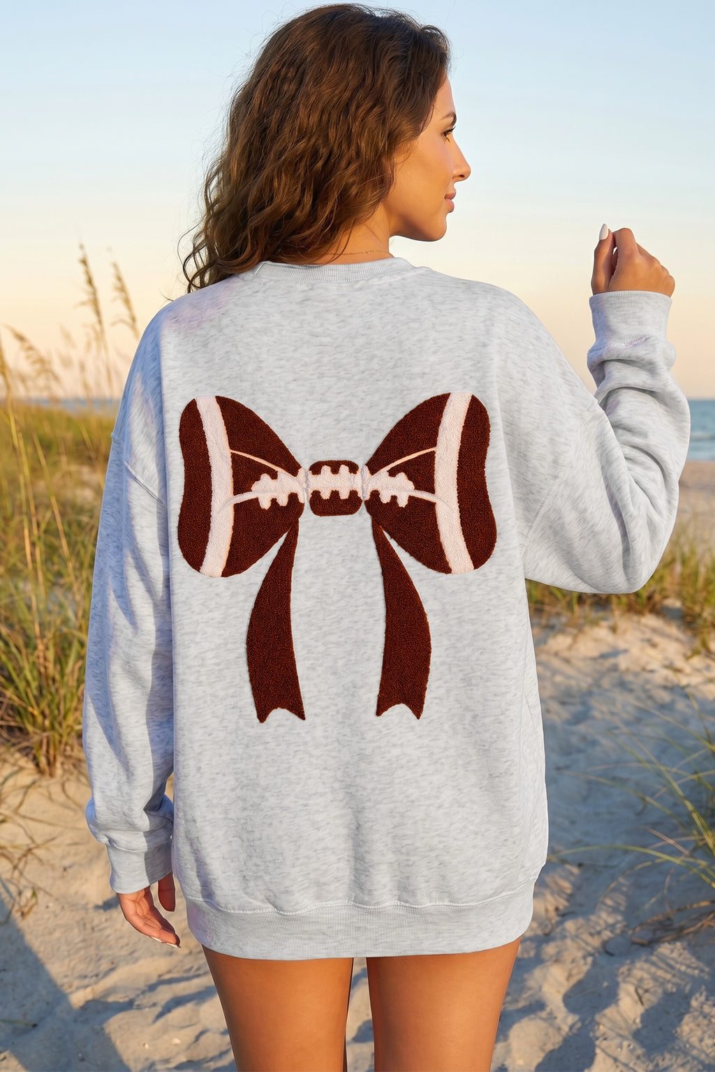 Light Grey Embroidered Football Bow Back Long Sleeve Sweatshirt