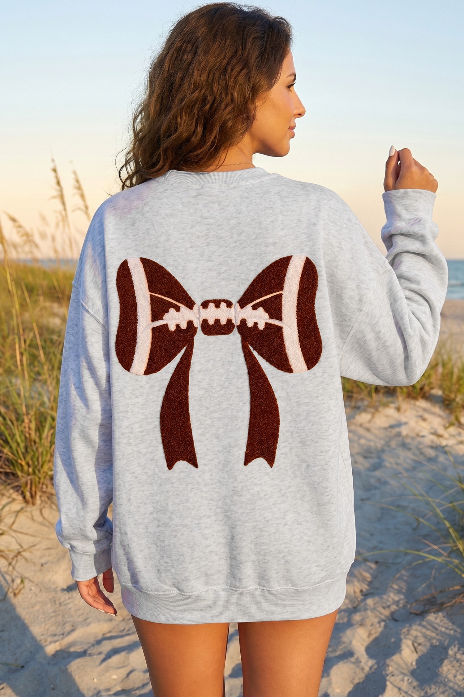 Light Grey Embroidered Football Bow Back Long Sleeve Sweatshirt