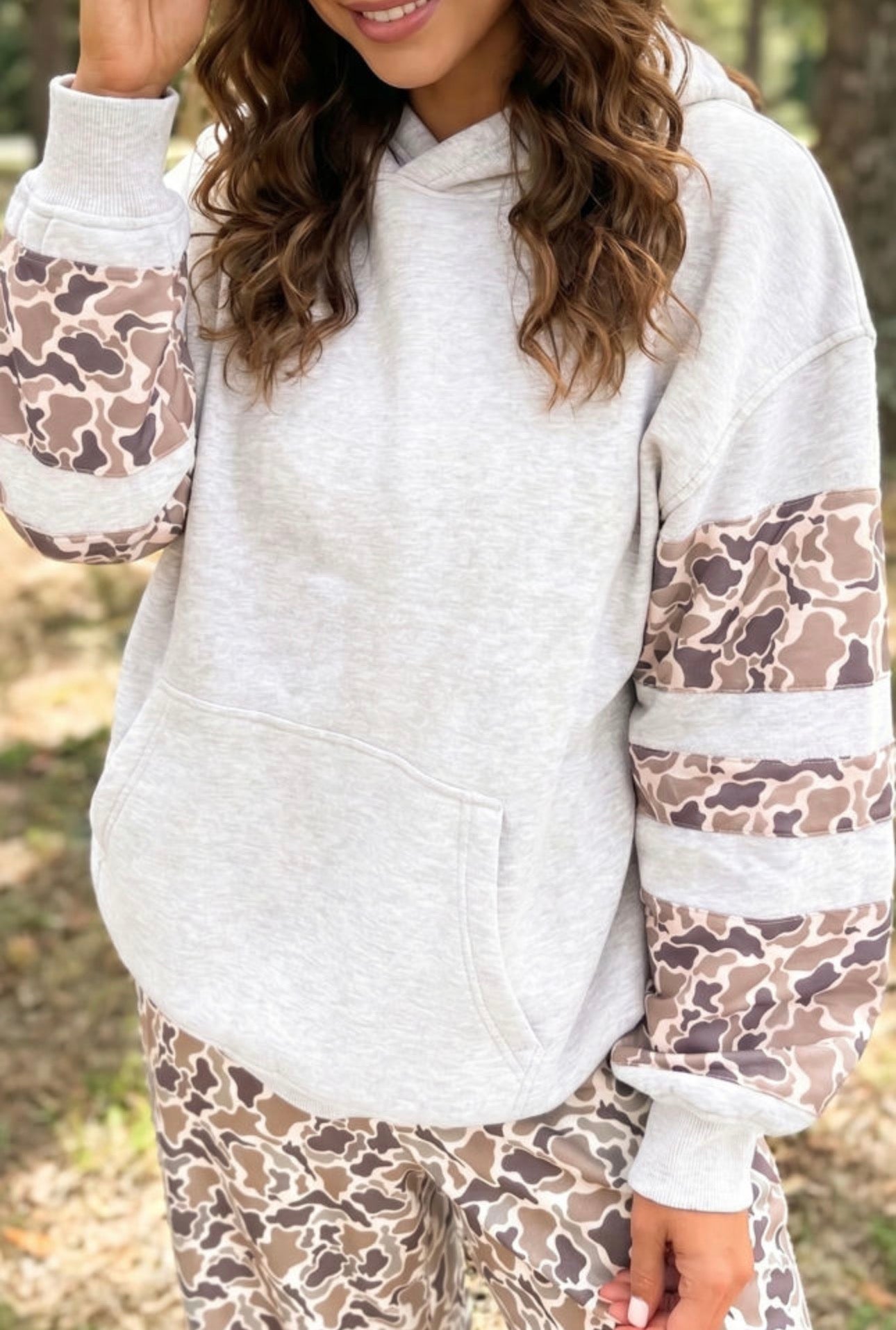 Light Grey Patchwork Camo Long Sleeve Hoodie