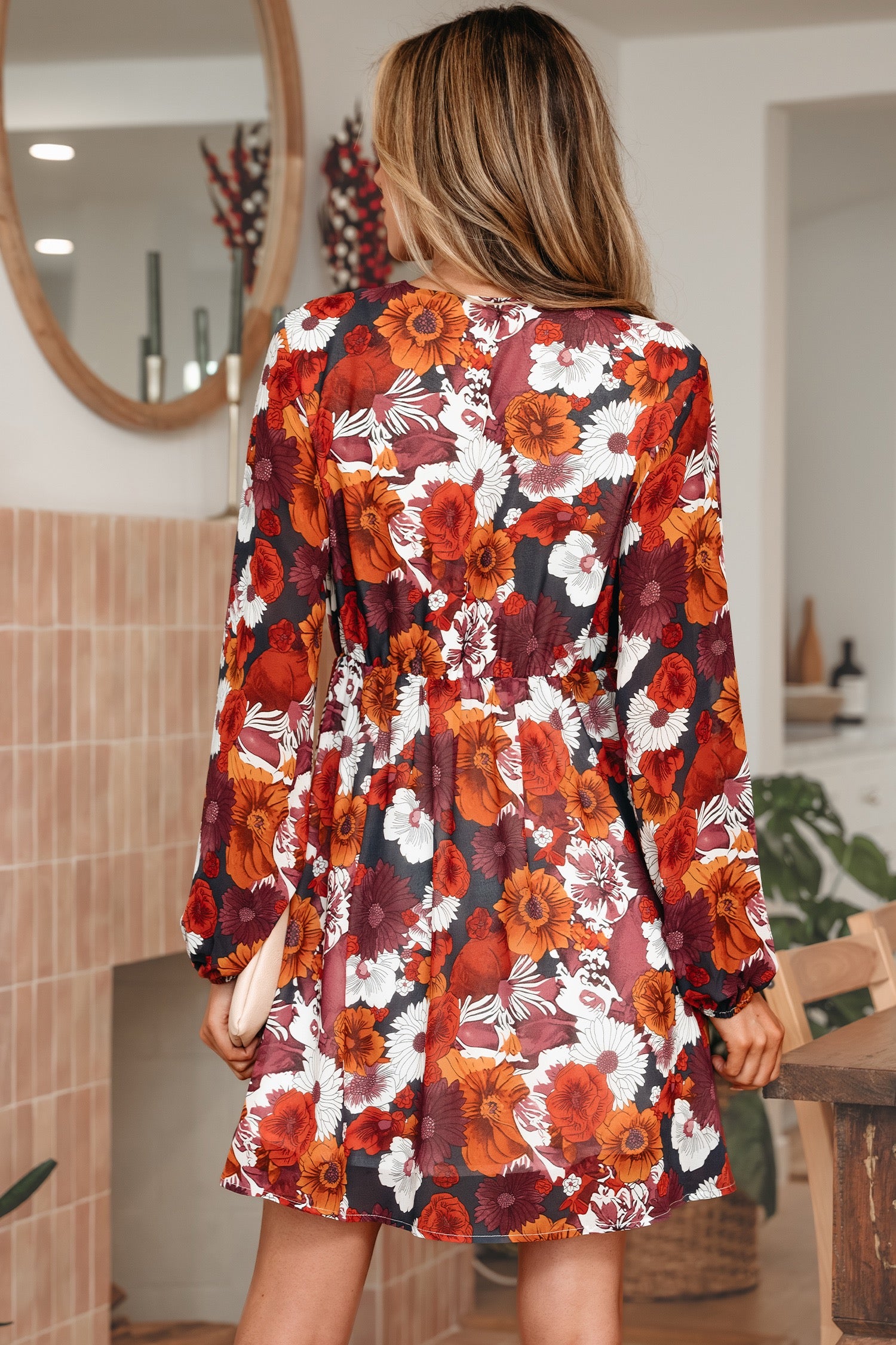 Red Floral Print Wrap V Neck Puff Sleeve Flowy Mini Dress Za