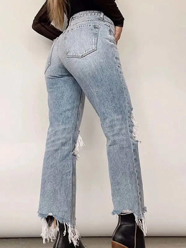 Distressed High-Waisted Straight Leg Jean