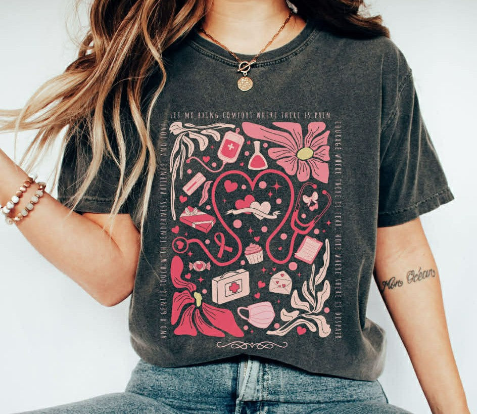 Pink Stethoscope & Blooms Tee