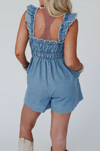 Dusk Blue Frayed Wide Straps Pleated High Waist Cotton Denim Romper
