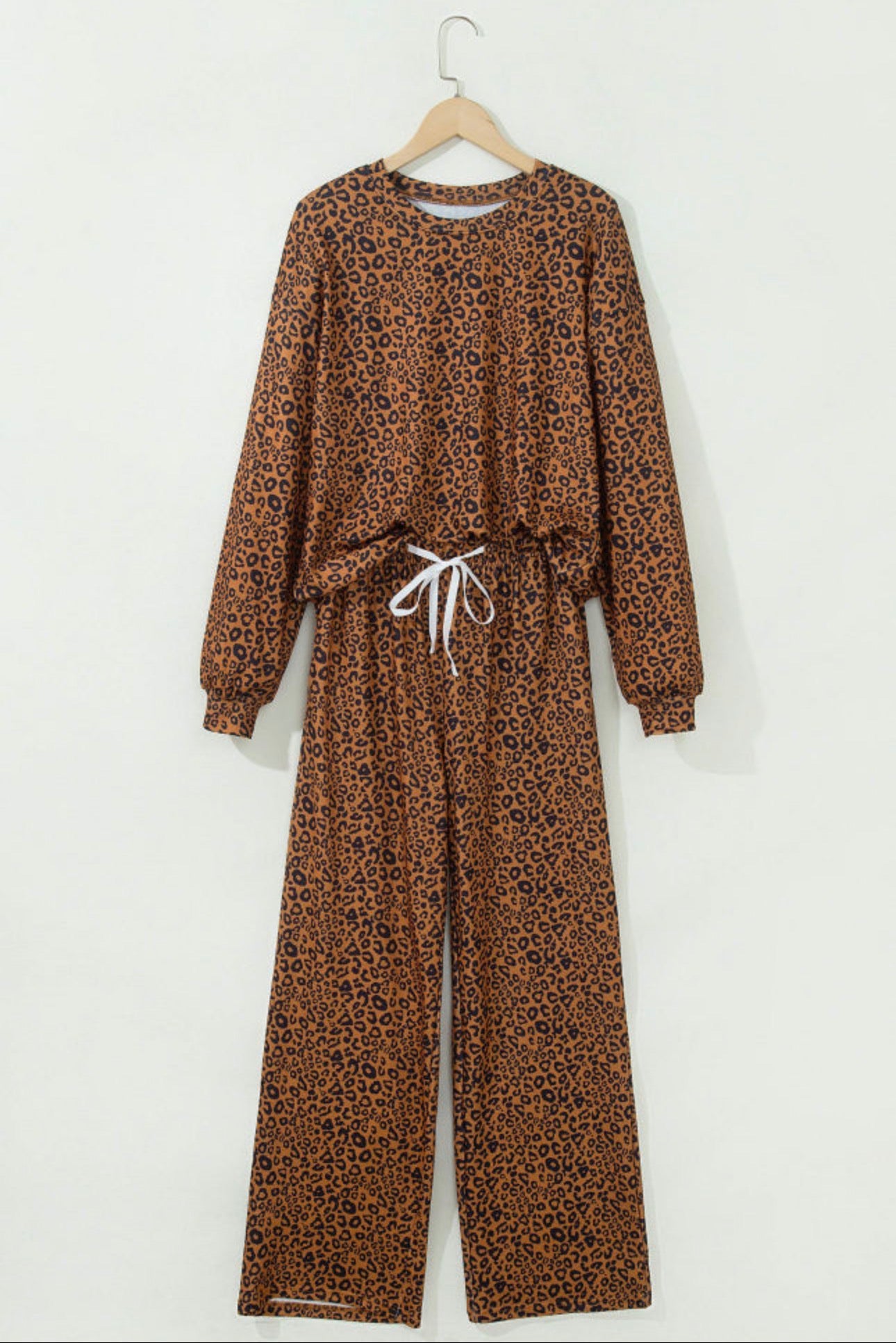 Relaxed Pant Set Brown Leopard Print Long Sleeve Top