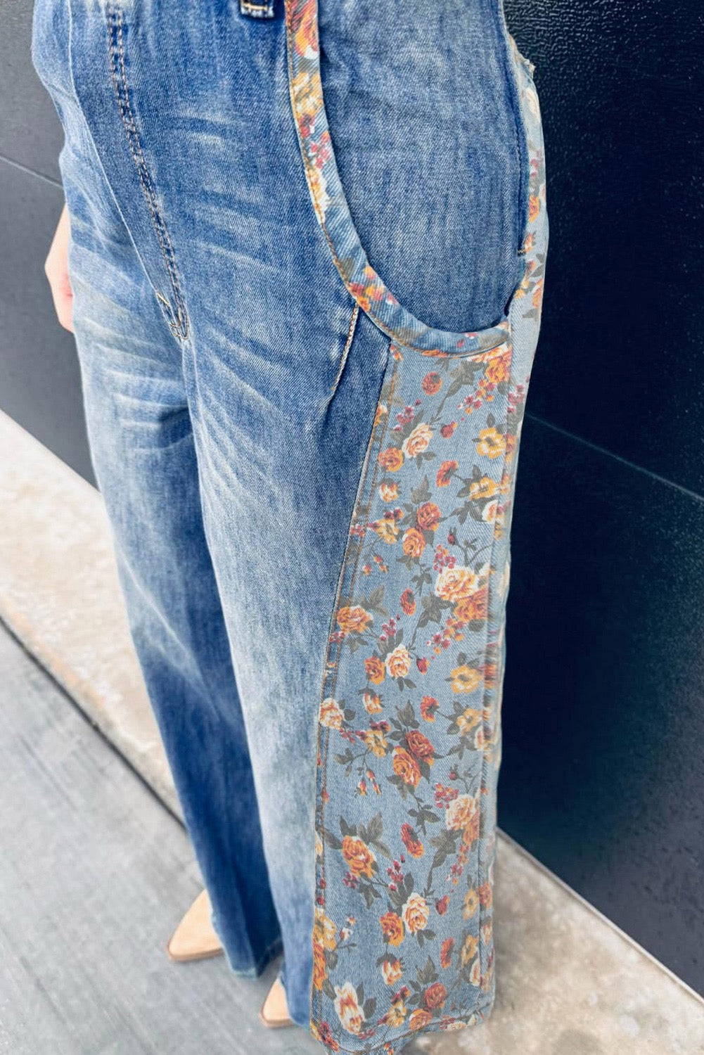 Peacock Blue Floral Patchwork Bib Denim Wide-Leg Overalls