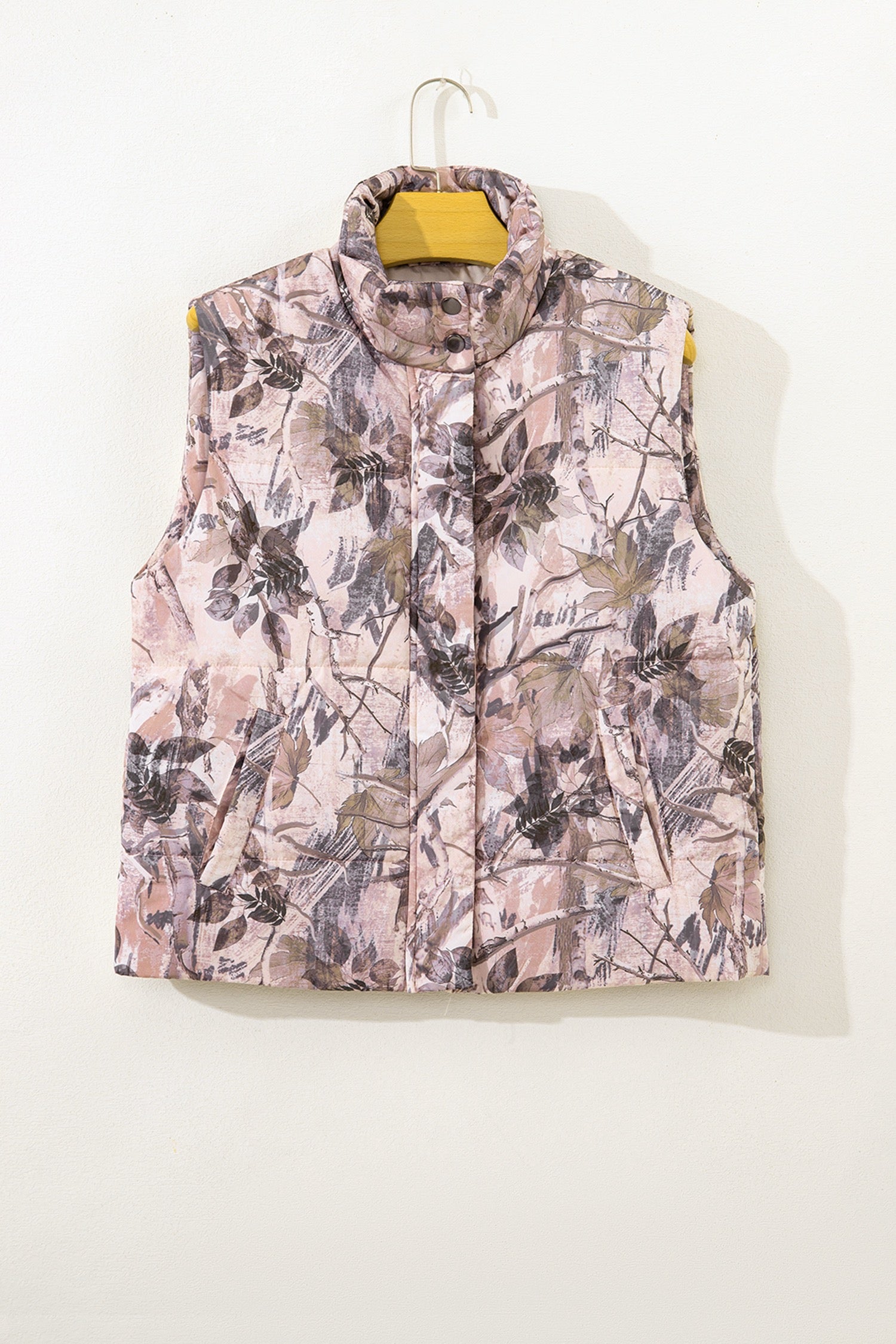Brown Camo Leaf Print Winter Puffer Vest