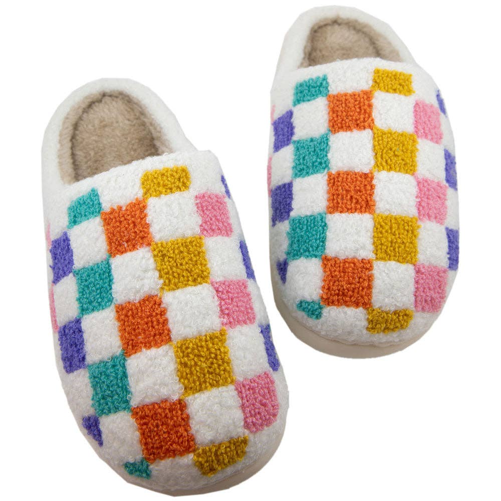 Multicolored Checkered Pattern Fuzzy Slippers For Graduation