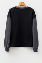 Black Halloween Rhinestone Pumpkin Face Contrast Ribbed Long Sleeve Top