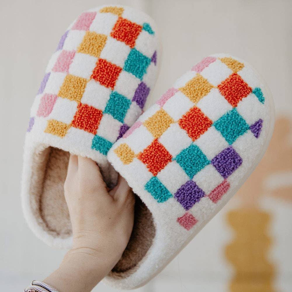 Multicolored Checkered Pattern Fuzzy Slippers For Graduation