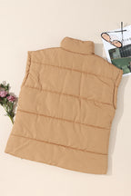Khaki Oversized Stand Collar Zip Winter Vest