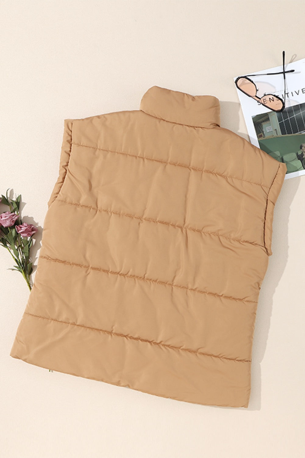 Khaki Oversized Stand Collar Zip Winter Vest