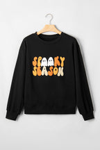 Embroidered Spooky Season Graphic Long Sleeve Round Neck Pullover