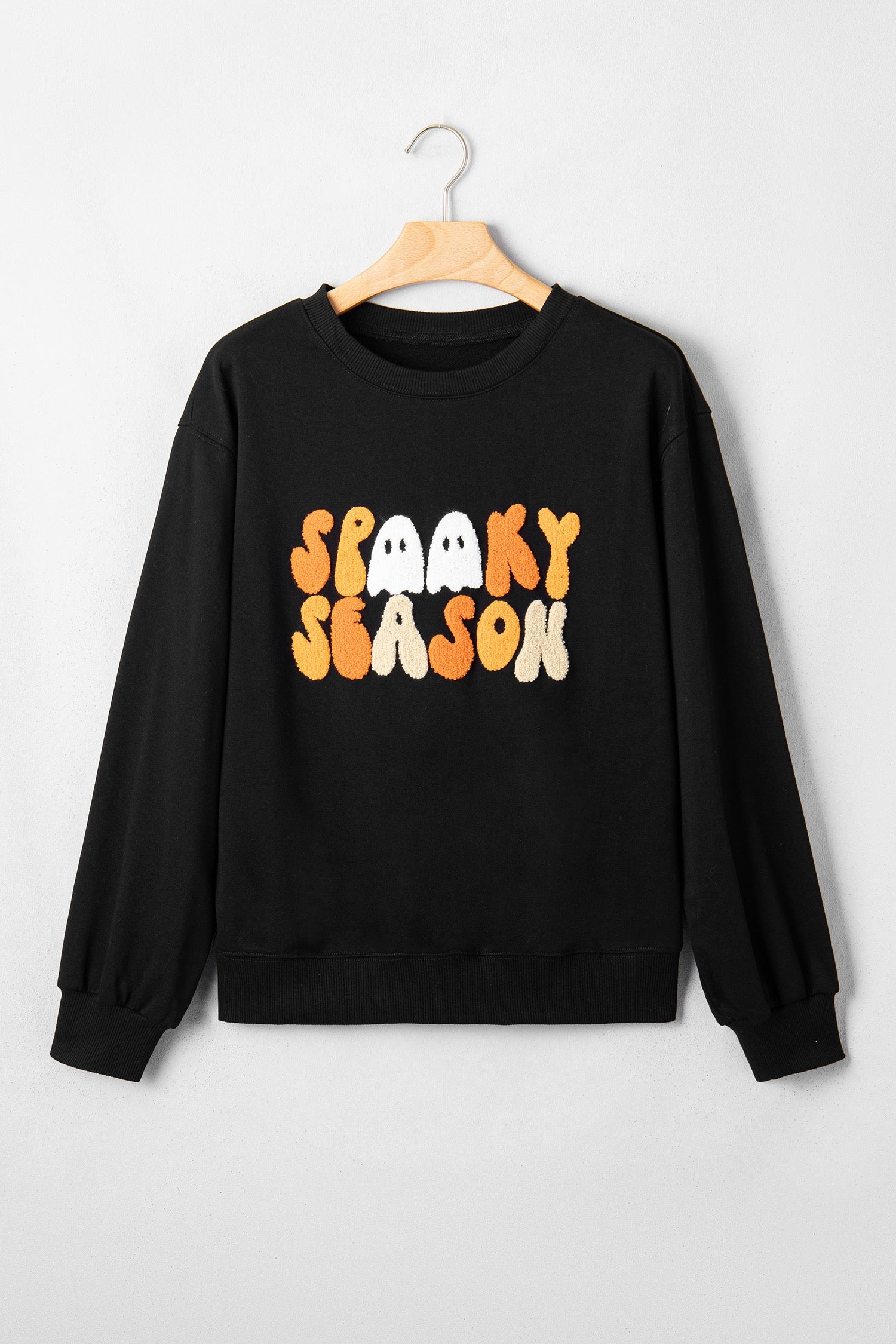 Embroidered Spooky Season Graphic Long Sleeve Round Neck Pullover