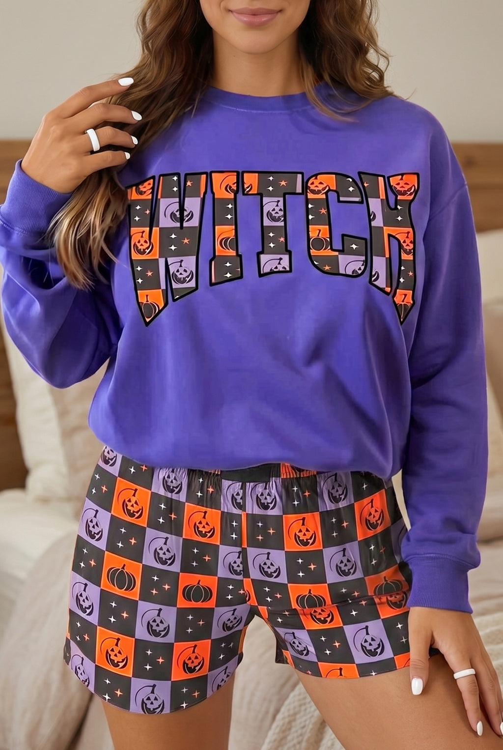 Orange Witch Letter Print Elastic Waist Pocket Insert Long Sleeve Pant Set