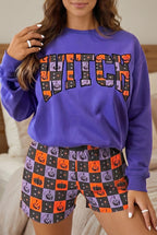 Orange Witch Letter Print Elastic Waist Pocket Insert Long Sleeve Pant Set