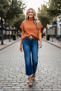 Gold Flame Patch Pocket Ribbed Knit Short Sleeve Sweater