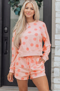 Pink Polka Dot Print Drop Shoulder Pullover Drawstring Shorts Set