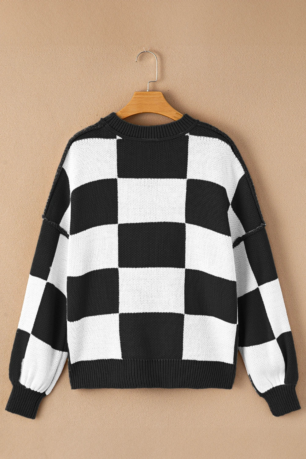 Black Checkered Bishop Sleeve Sweater