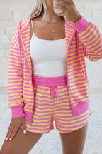 Yellow Stripe Color Block Trim Round Neck Long Sleeve Top Casual Shorts 2pcs Set