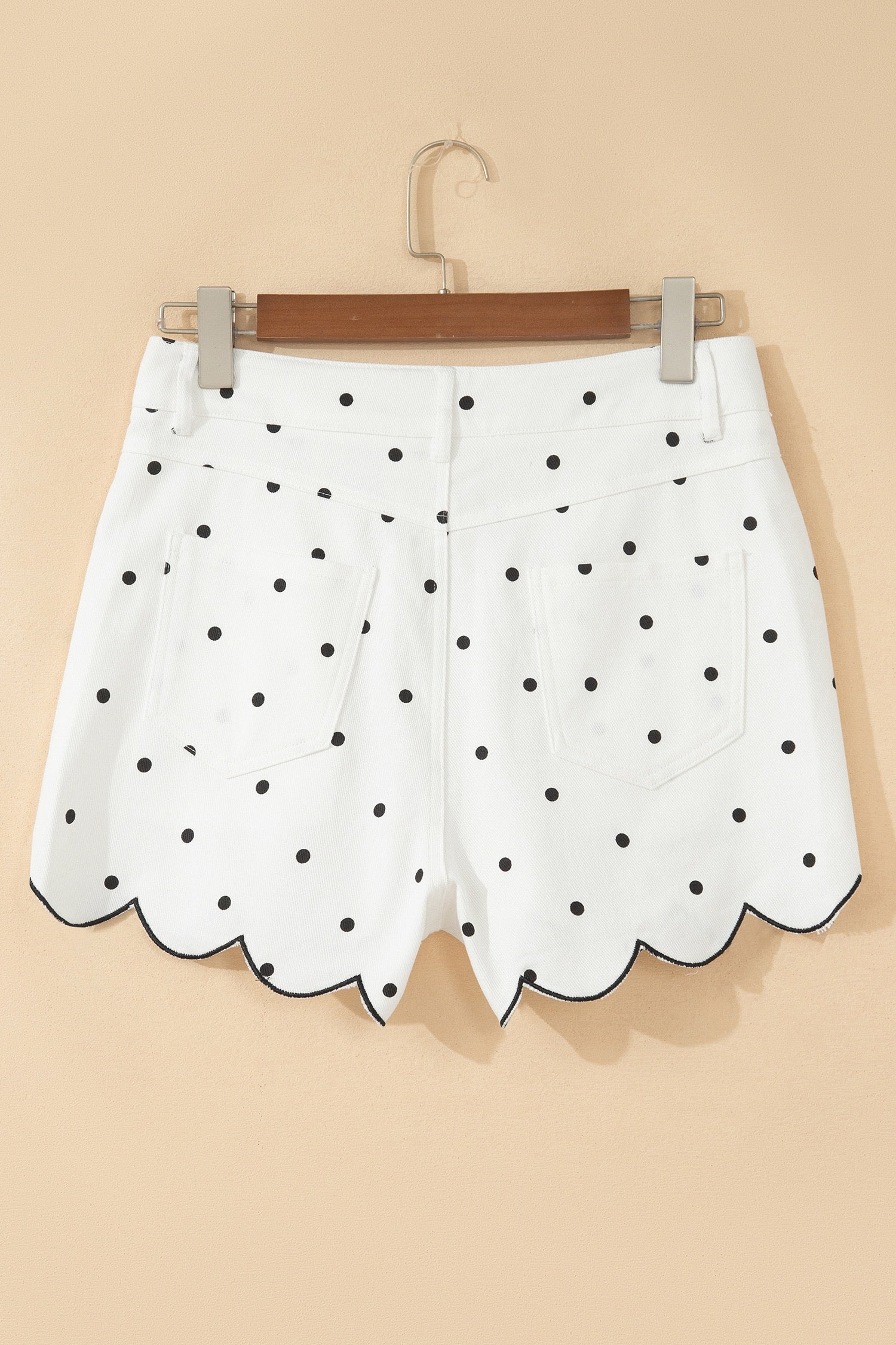 Hem Shorts White Polka Dot Print Embroidered Scallop