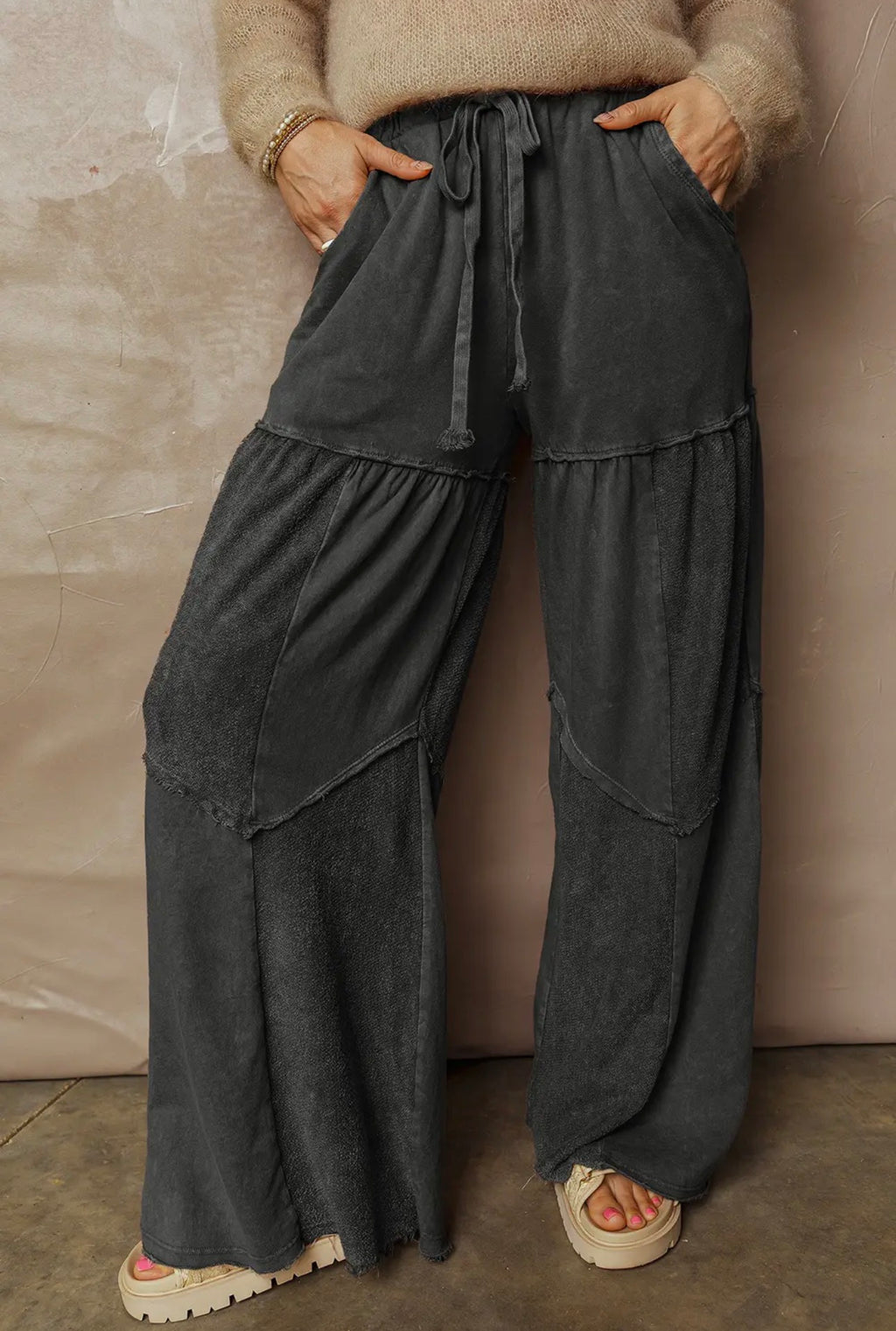 Mineral Wash Tiered Wide Leg Patchwork Drawstring Pants S-4X
