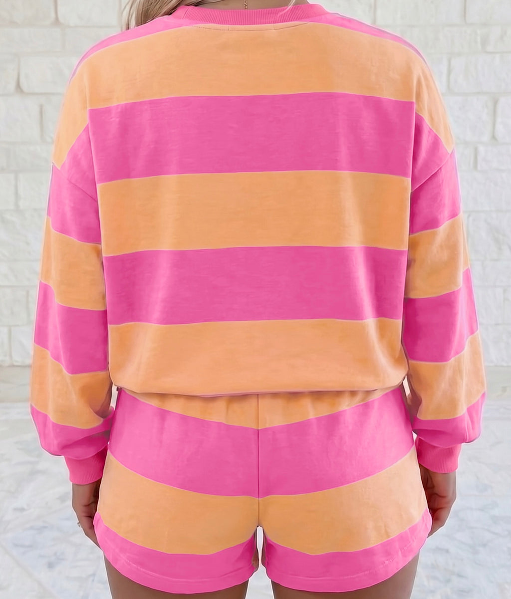 Pink Stripe Long Sleeve Casual Top Drawstring Shorts 2pcs Set