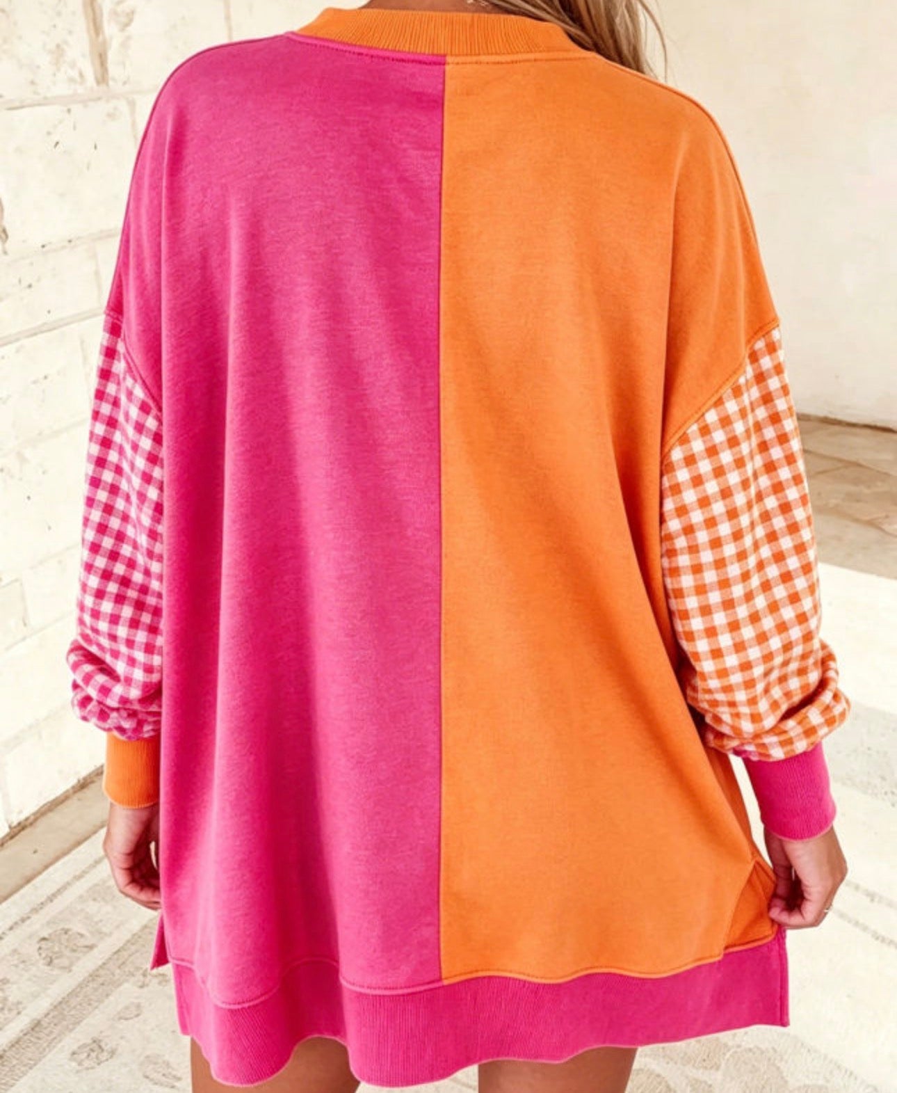 Rose Red Colorblock Gingham Sleeve Crewneck Sweatshirt