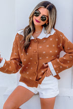 Russet Orange Peter Pan Collar Colorblock Long Sleeve Knitwear Cardigan