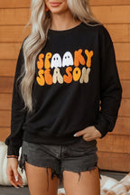 Embroidered Spooky Season Graphic Long Sleeve Round Neck Pullover