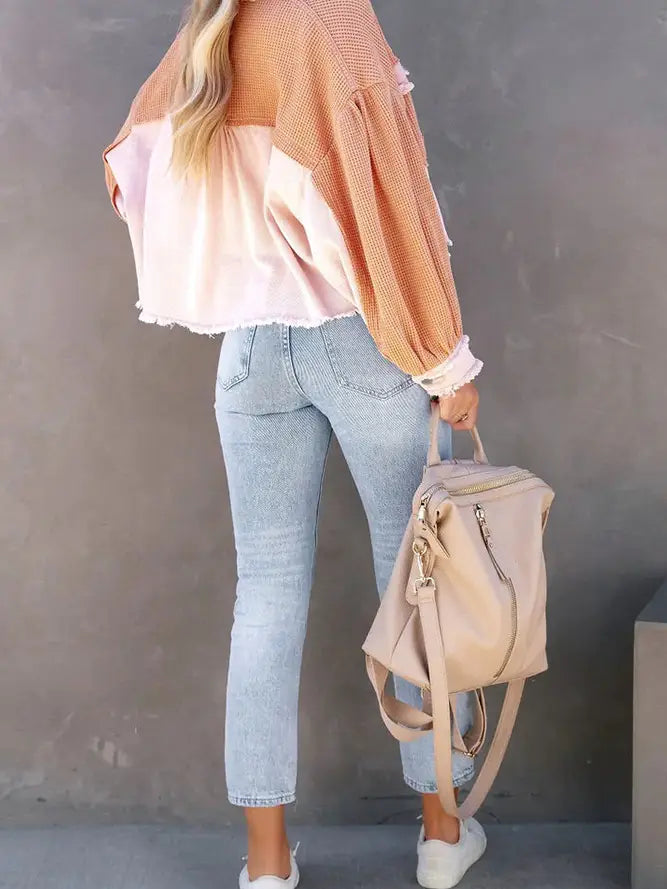 Plain waffle knit button up crop shacket